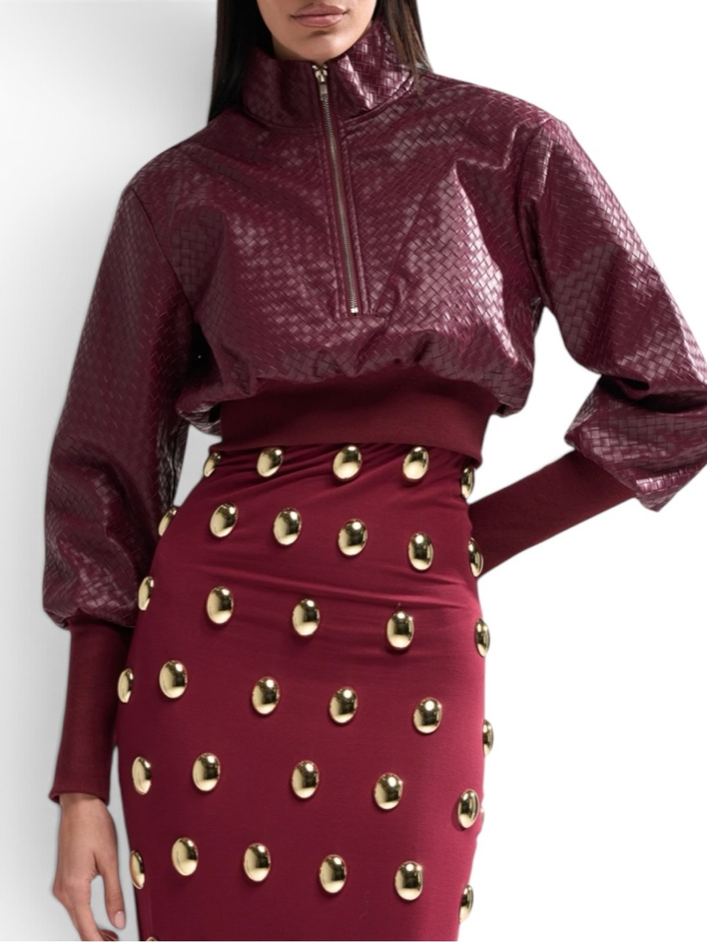 🔥🔥AKIRA VENETTA FAUX LEATHER QUARTER ZIP SWEATSHIRT BURGUNDY SIZE S - Picture 3 of 6